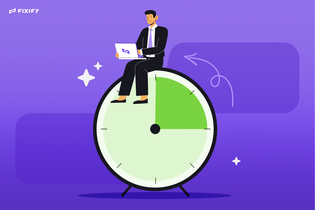 Man working on a laptop while sitting on a clock ticking backwards