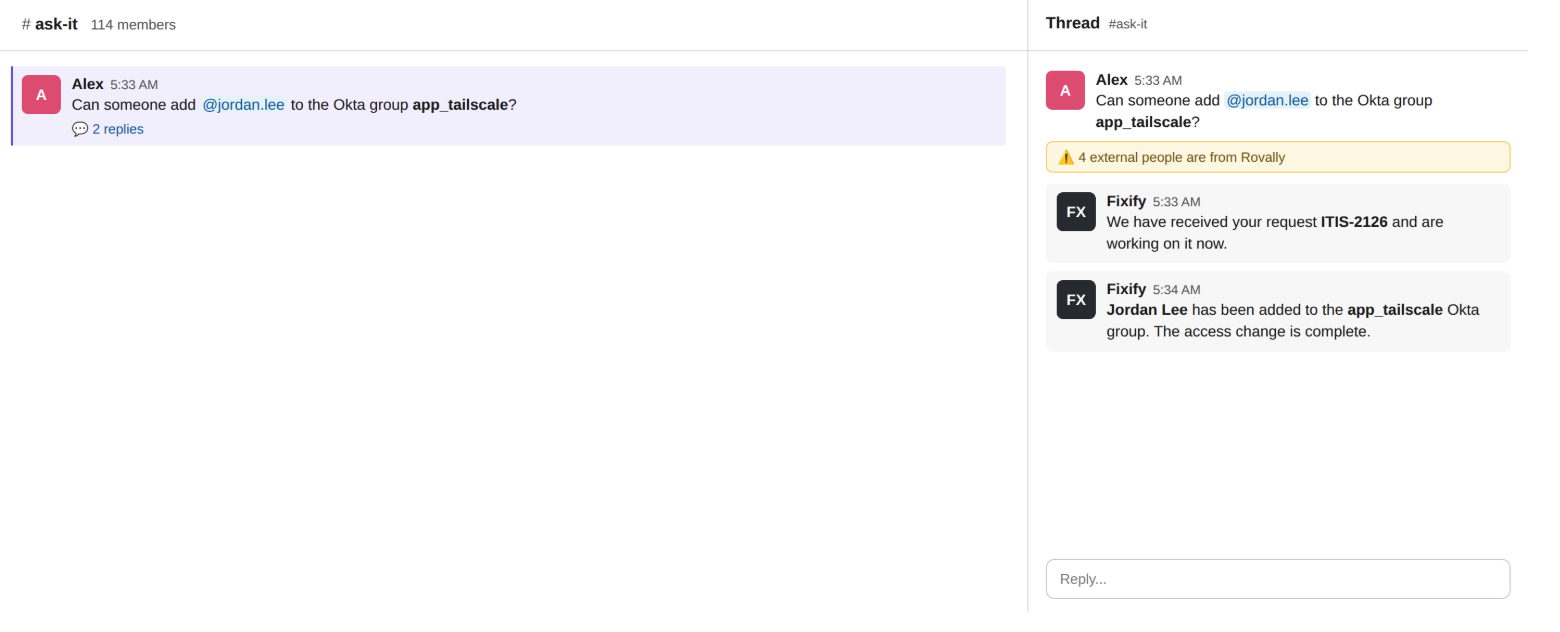 Example of Fixify request approval directly in Slack
