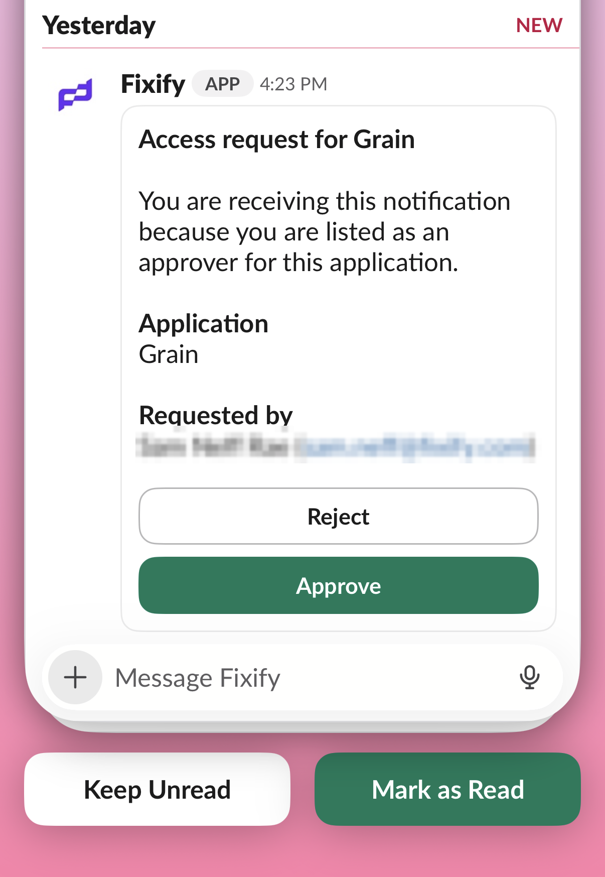 Example of App access request in Slack mobile