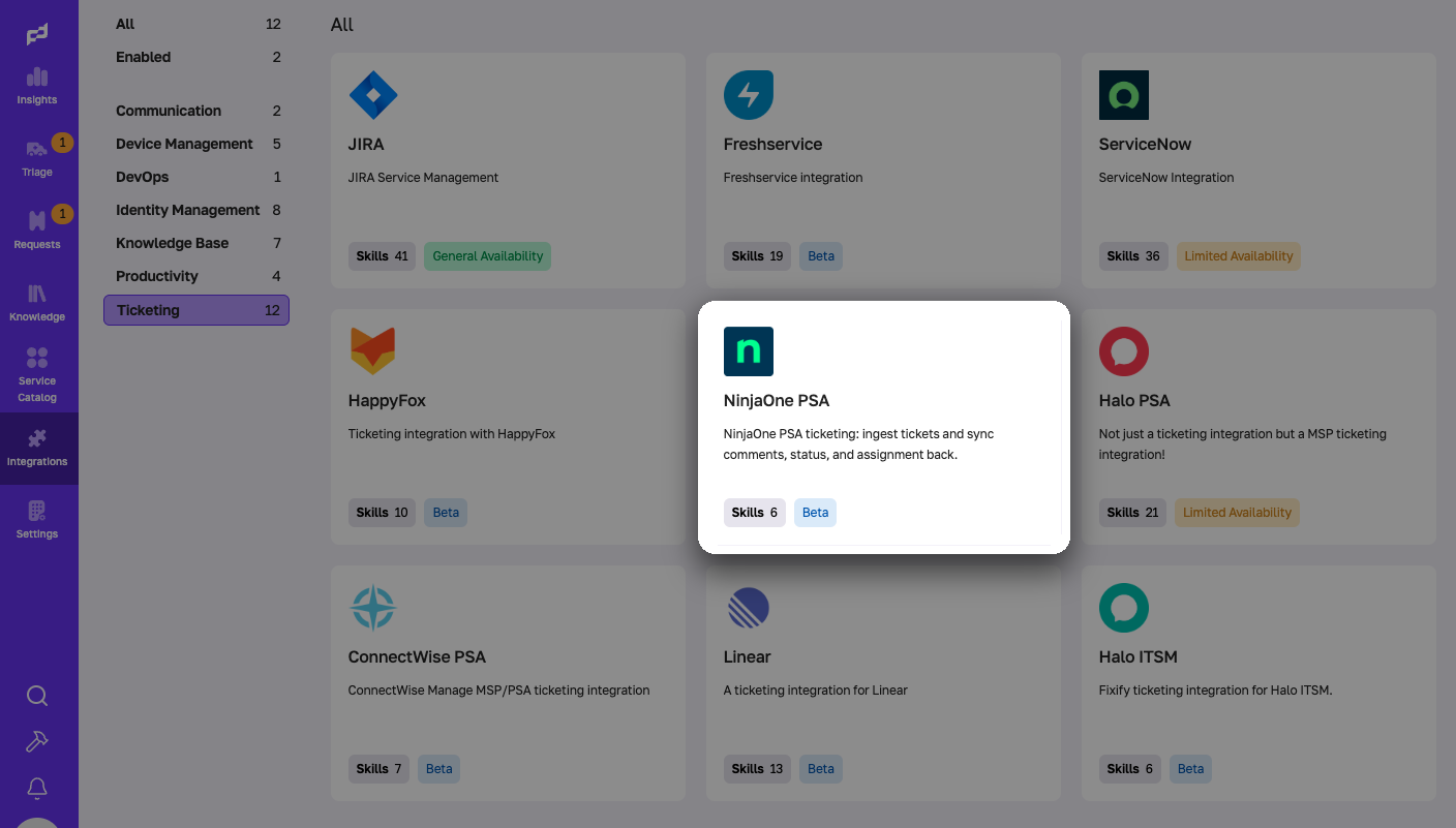 Screenshot of Fixify NinjaOne PSA Integration