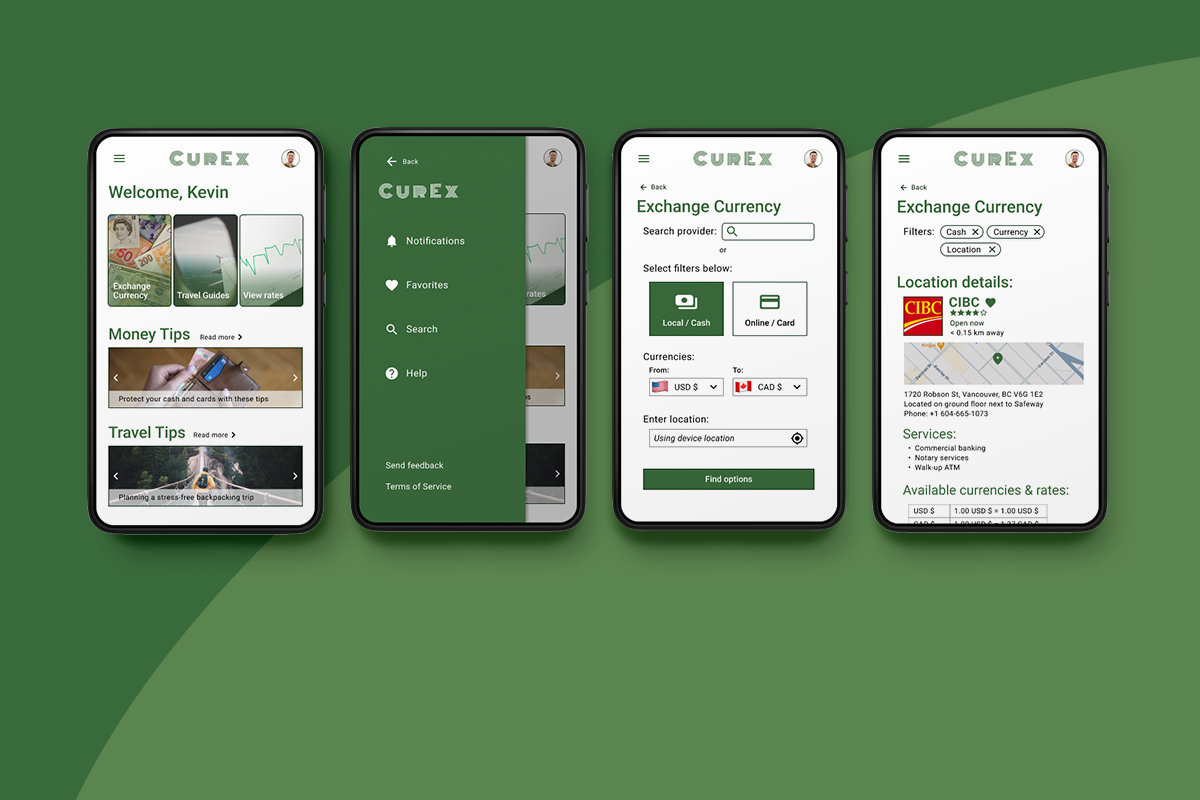 Multiple mockups of a mobile app called CurEx.