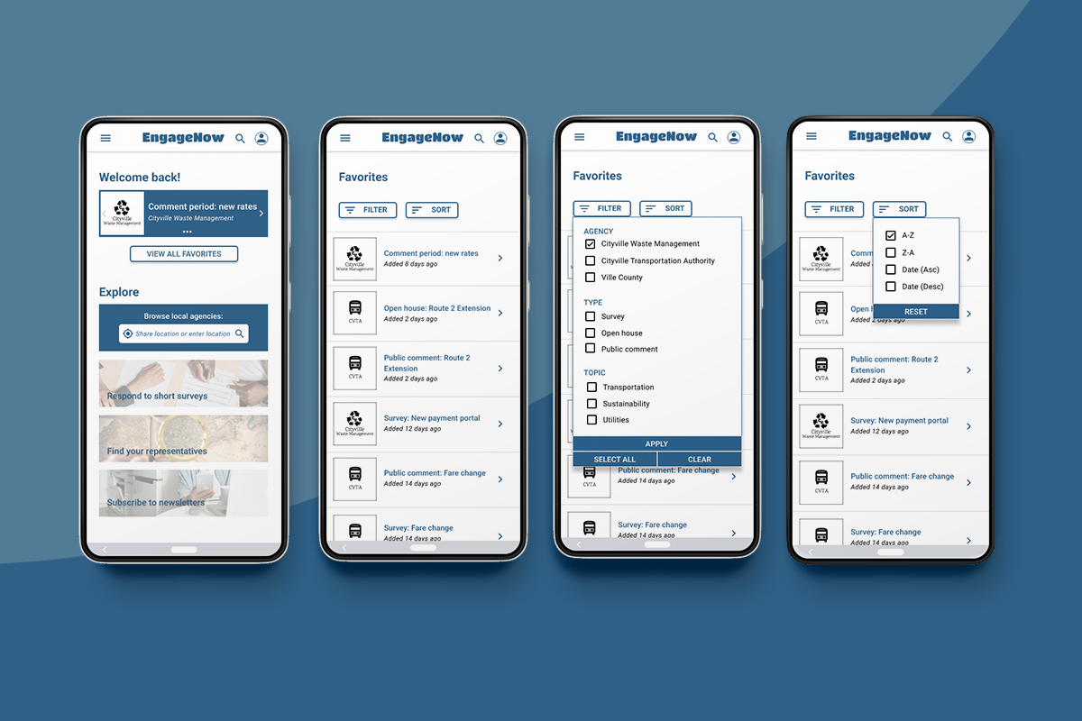 Multiple mockups of a mobile app called EngageNow.`