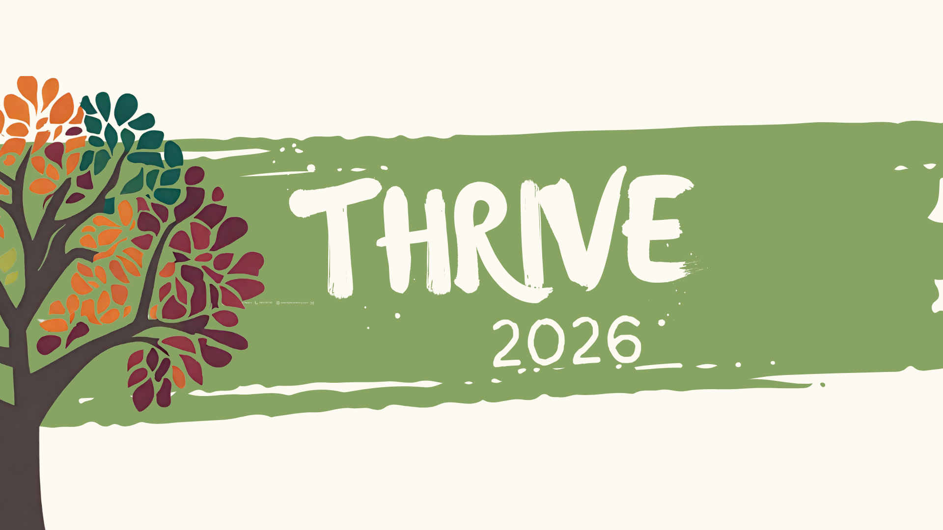 Stylised image of a tree with a brown trunk and leaves of dark green, pale green, orange and burgundy. 