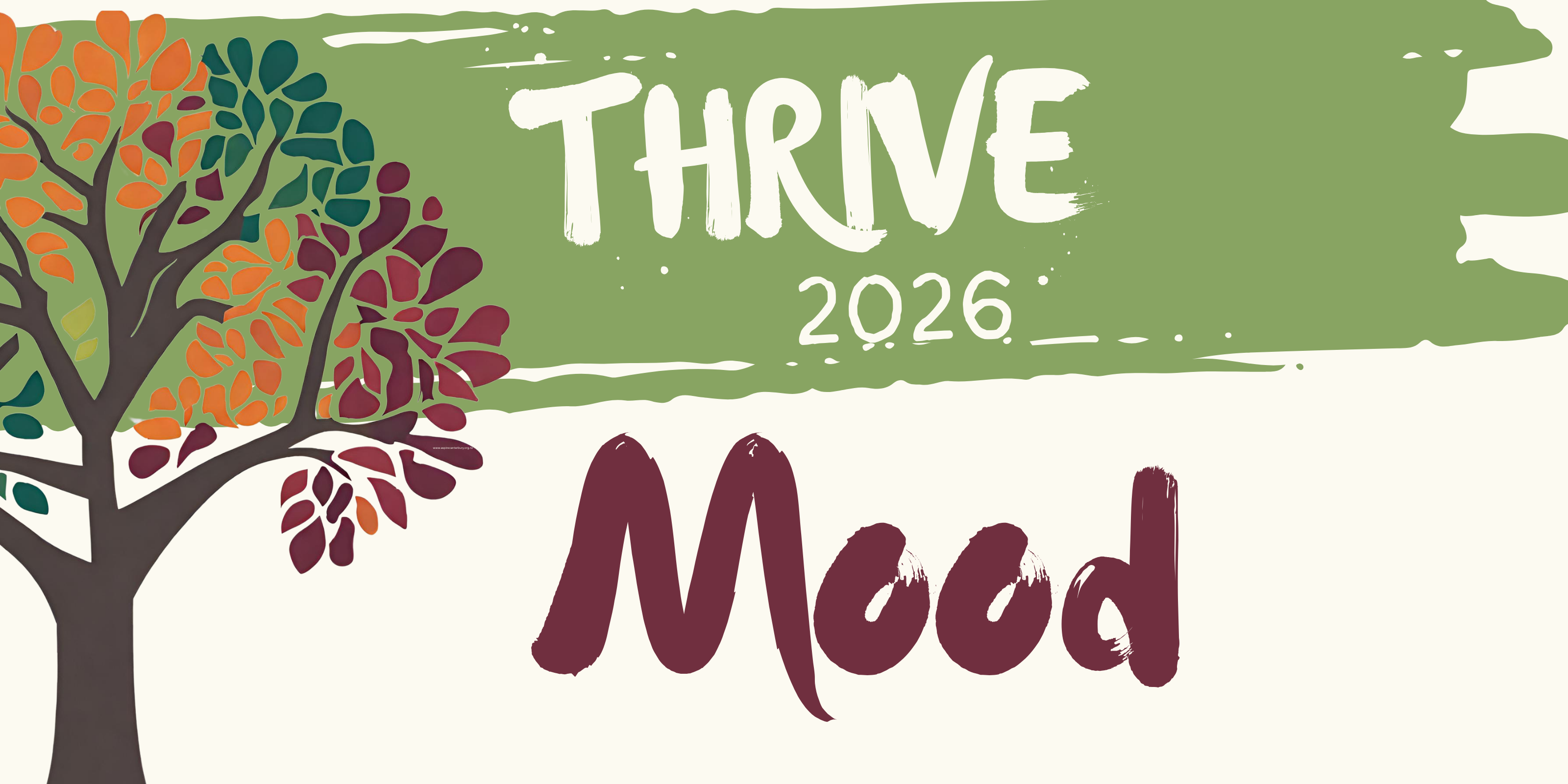 Stylised image of a tree with a brown trunk and leaves of dark green, pale green, orange and burgundy. 