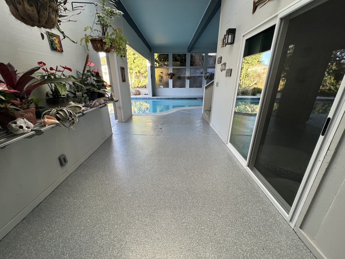 Backyard and pool deck poly aspartic concrete coatings and restoration in Ventura