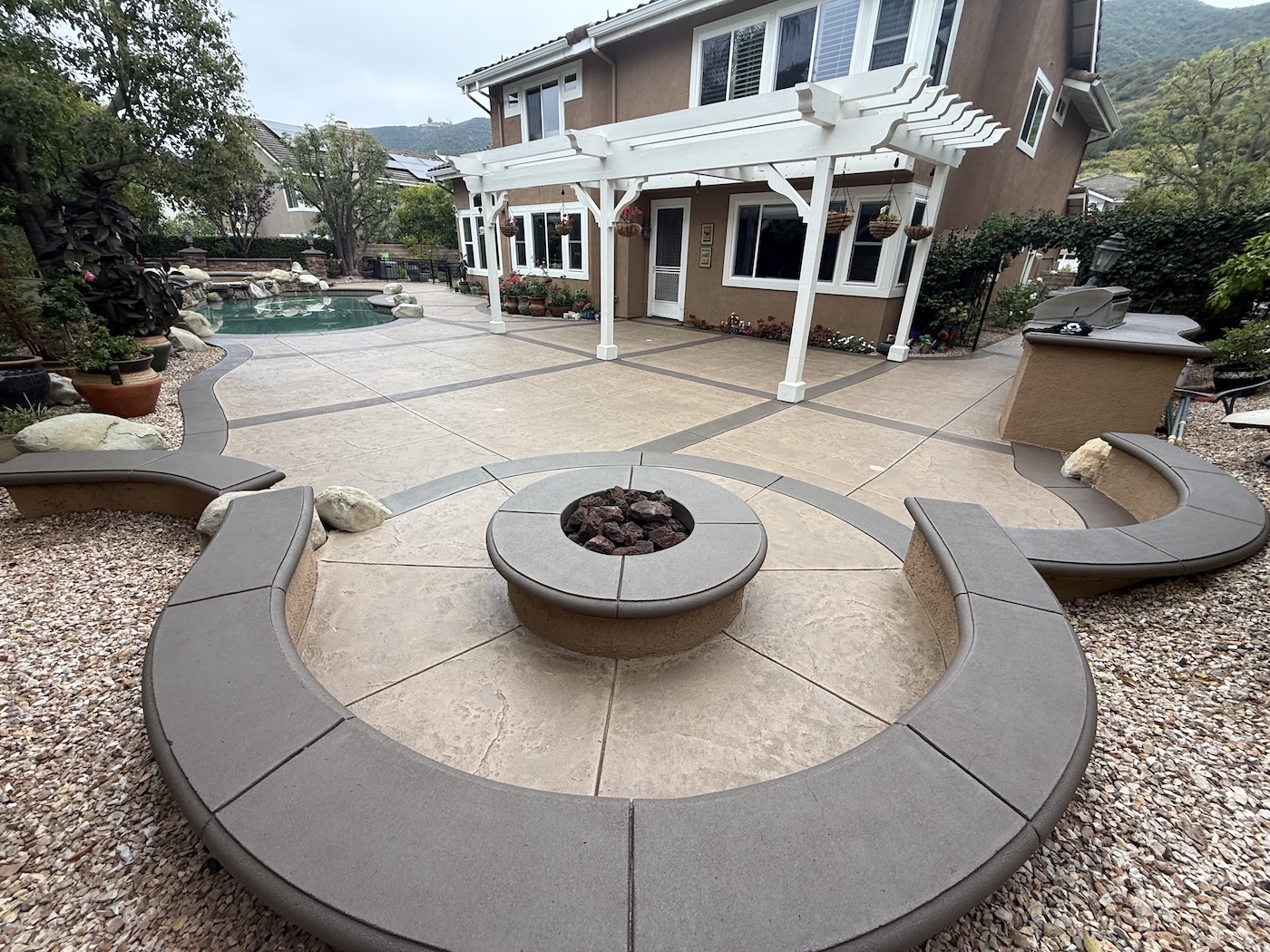 custom concrete staining of stamped concrete pool deck in newbury park, ca