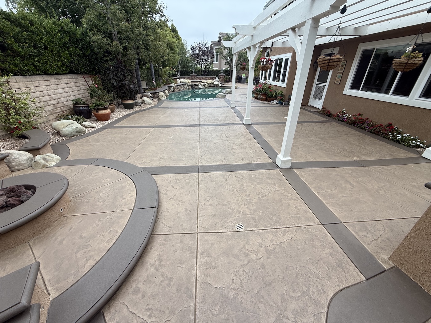 beautifully stained stamped concrete pool deck in newbury park, ca