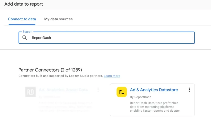 Searching reportdash in the add data to report search bar