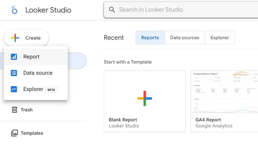Looker studio homepage