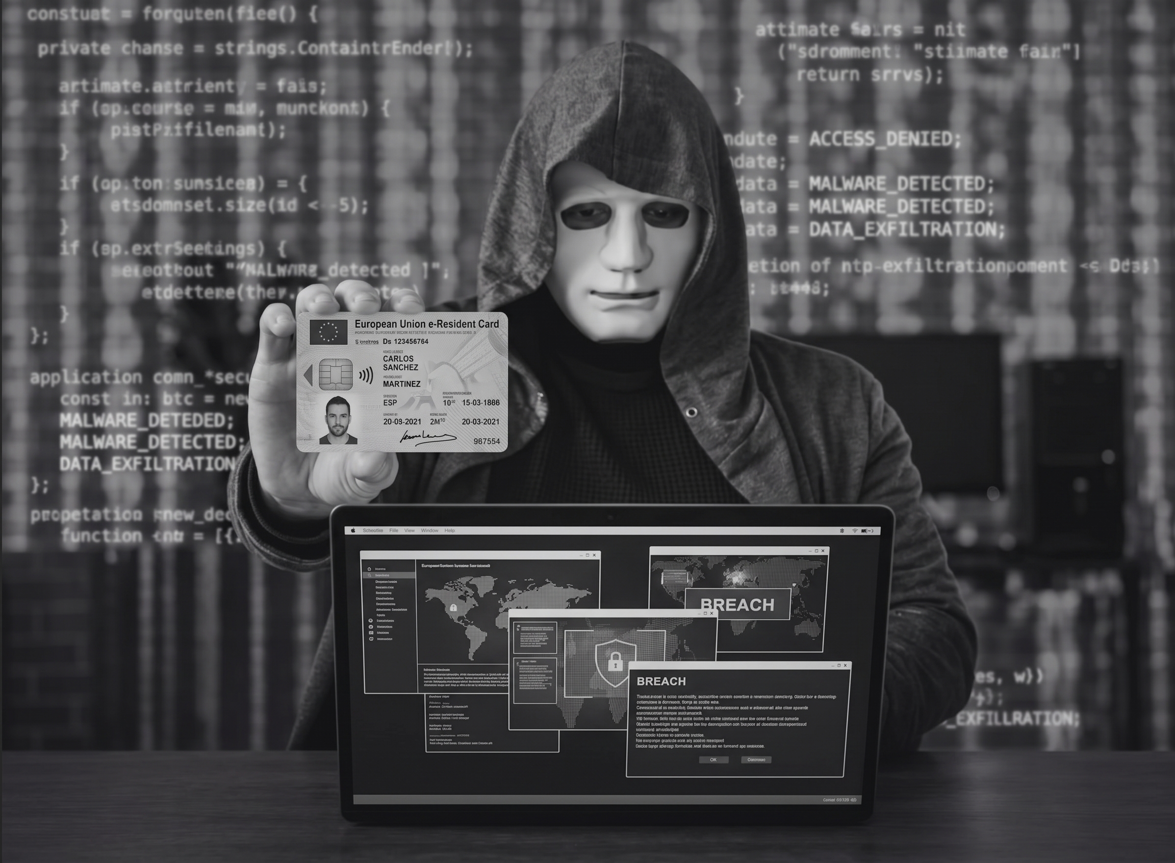 Illustration of a hooded, masked figure holding a fake EU e-Resident ID card in front of a laptop showing security breach warnings, representing identity fraud and cybercrime