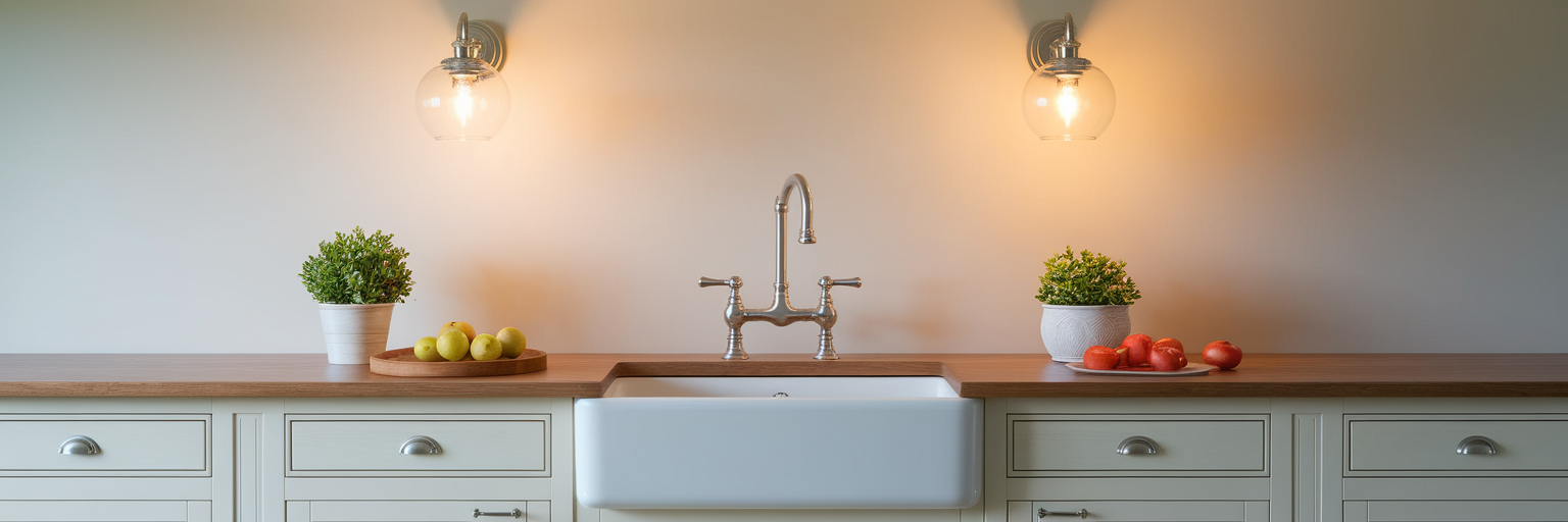 Classic gooseneck faucet over farmhouse kitchen sink.