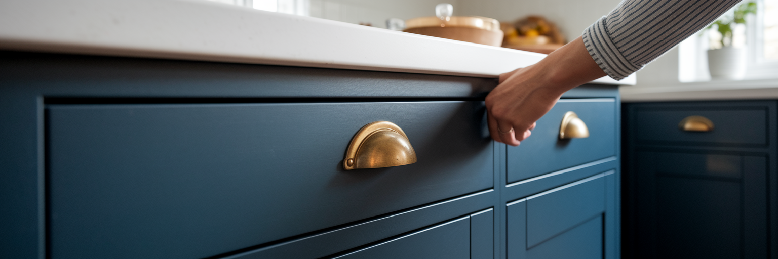 Shaker style kitchen cabinet with brass pull.