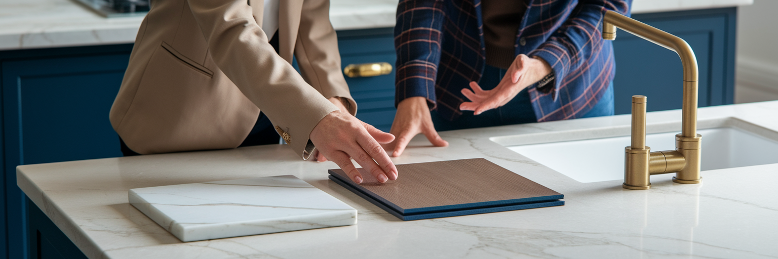 Designer and client choosing material samples.