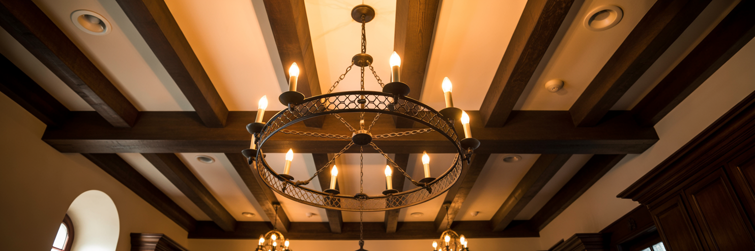 Wrought-iron chandelier on a wood-beamed ceiling.