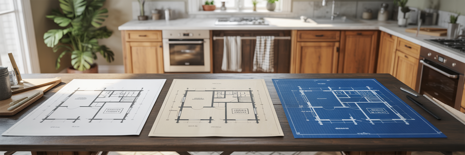 Three kitchen remodel blueprints showing different project scopes.