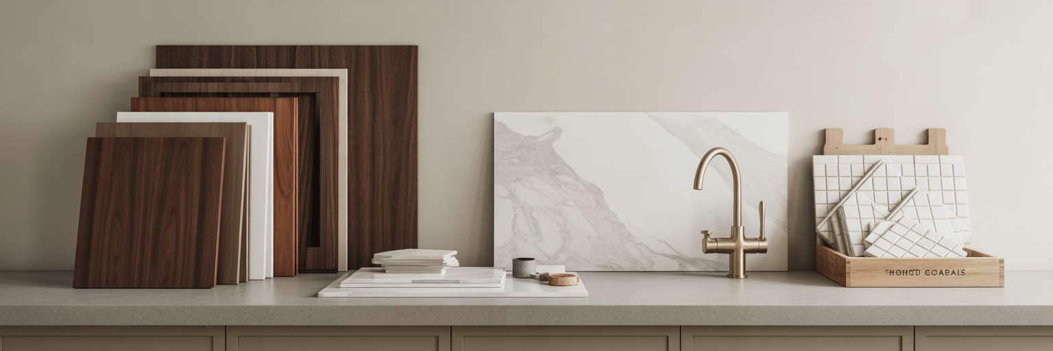 High-end kitchen materials arranged on a workbench.