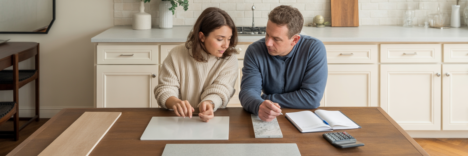Couple planning a kitchen remodel with material samples.