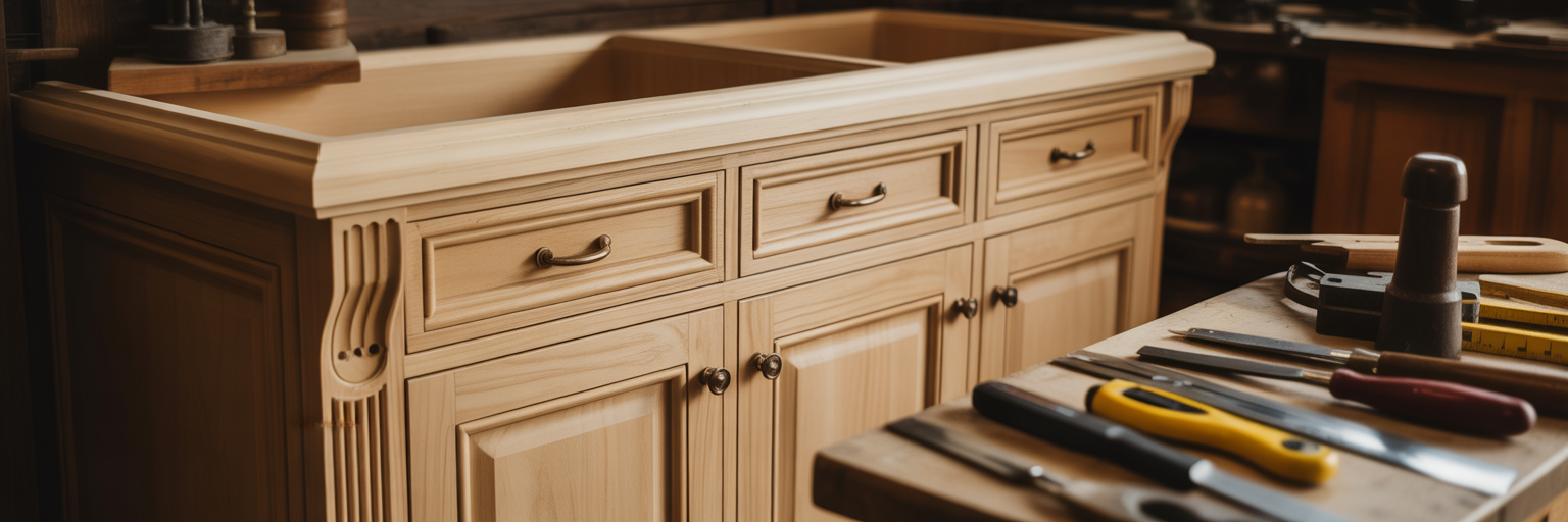 Custom kitchen cabinet on a workbench.