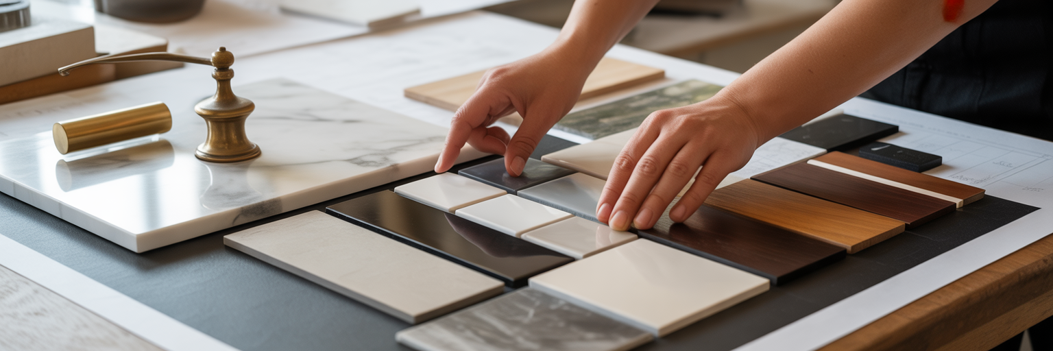 Designer arranging kitchen material samples.