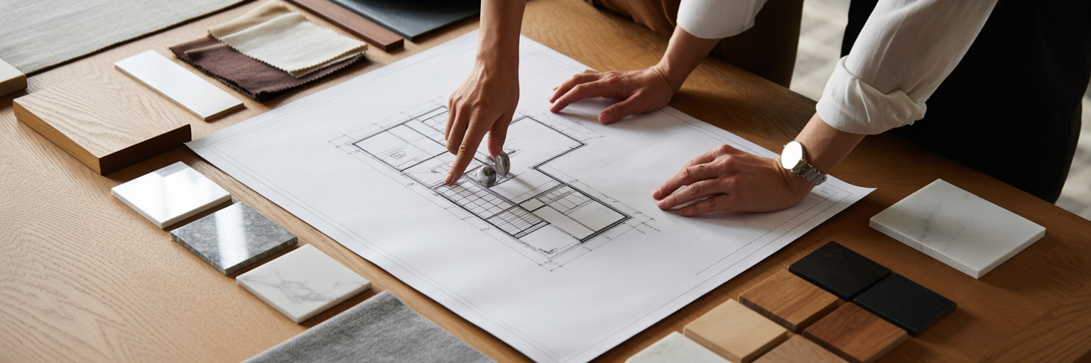 Designer and client collaborating over blueprints
