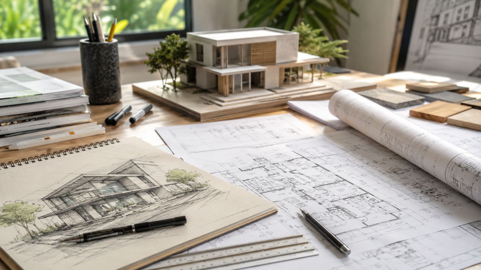 A professional architect desk with blueprints, a scale model of a modern house, and hand-drawn sketches.