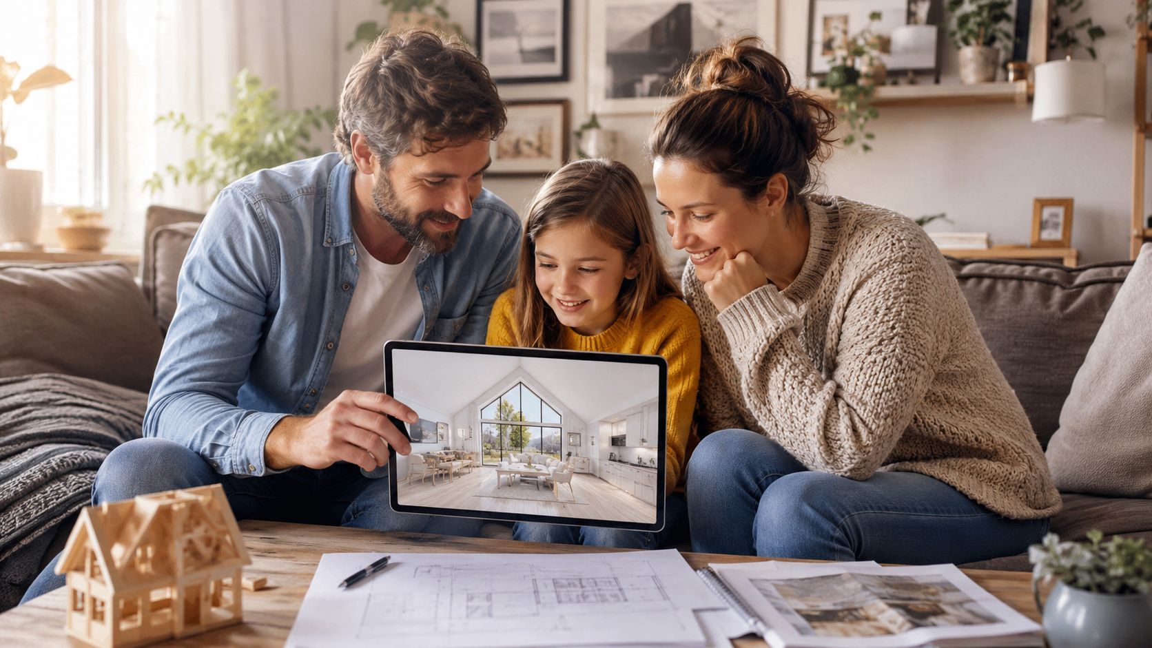 A family sitting on a sofa looking at digital house renovation plans on a tablet screen.