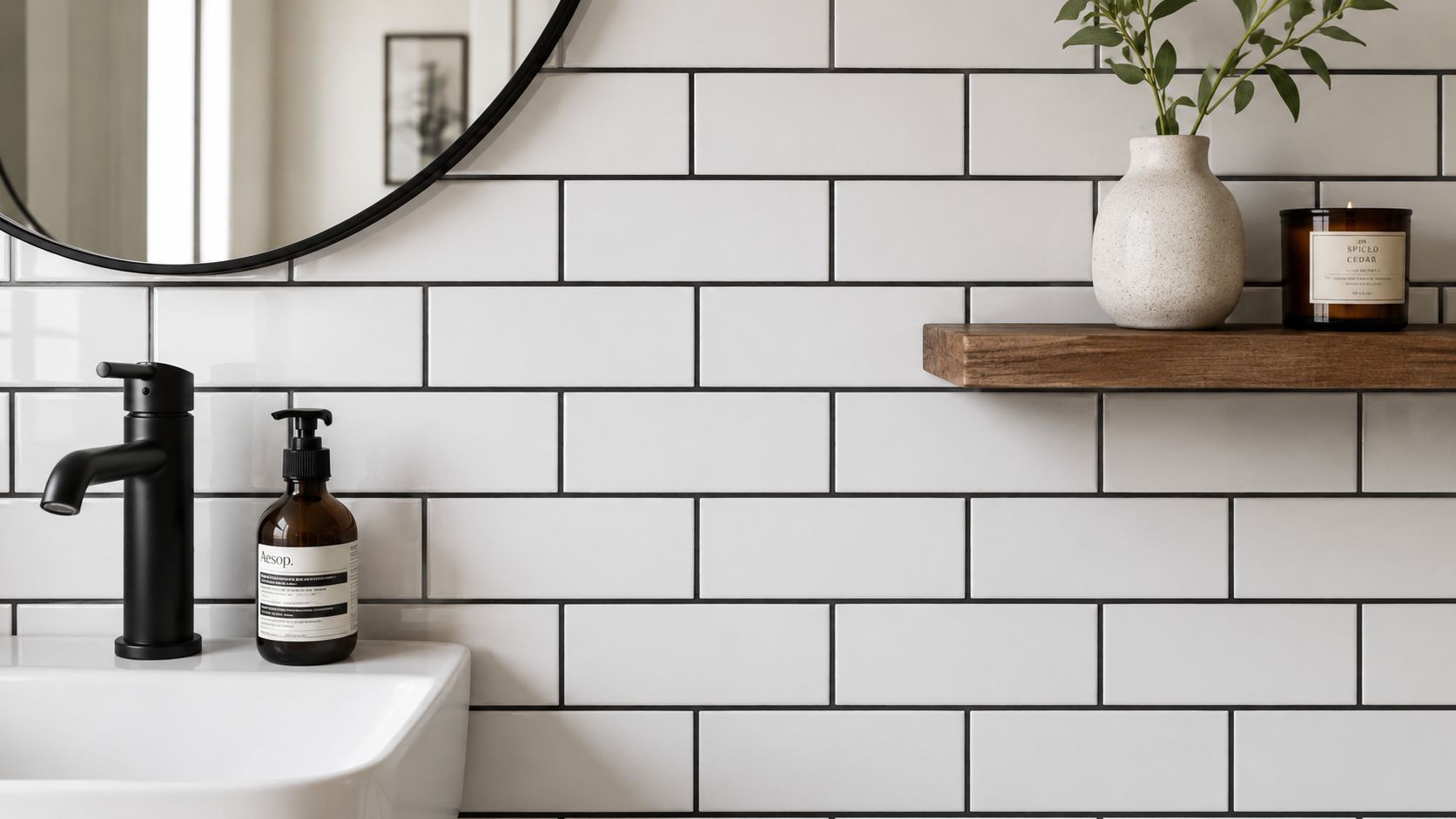 A modern bathroom vanity featuring white subway tiles, a black faucet, and a decorative wooden shelf.
