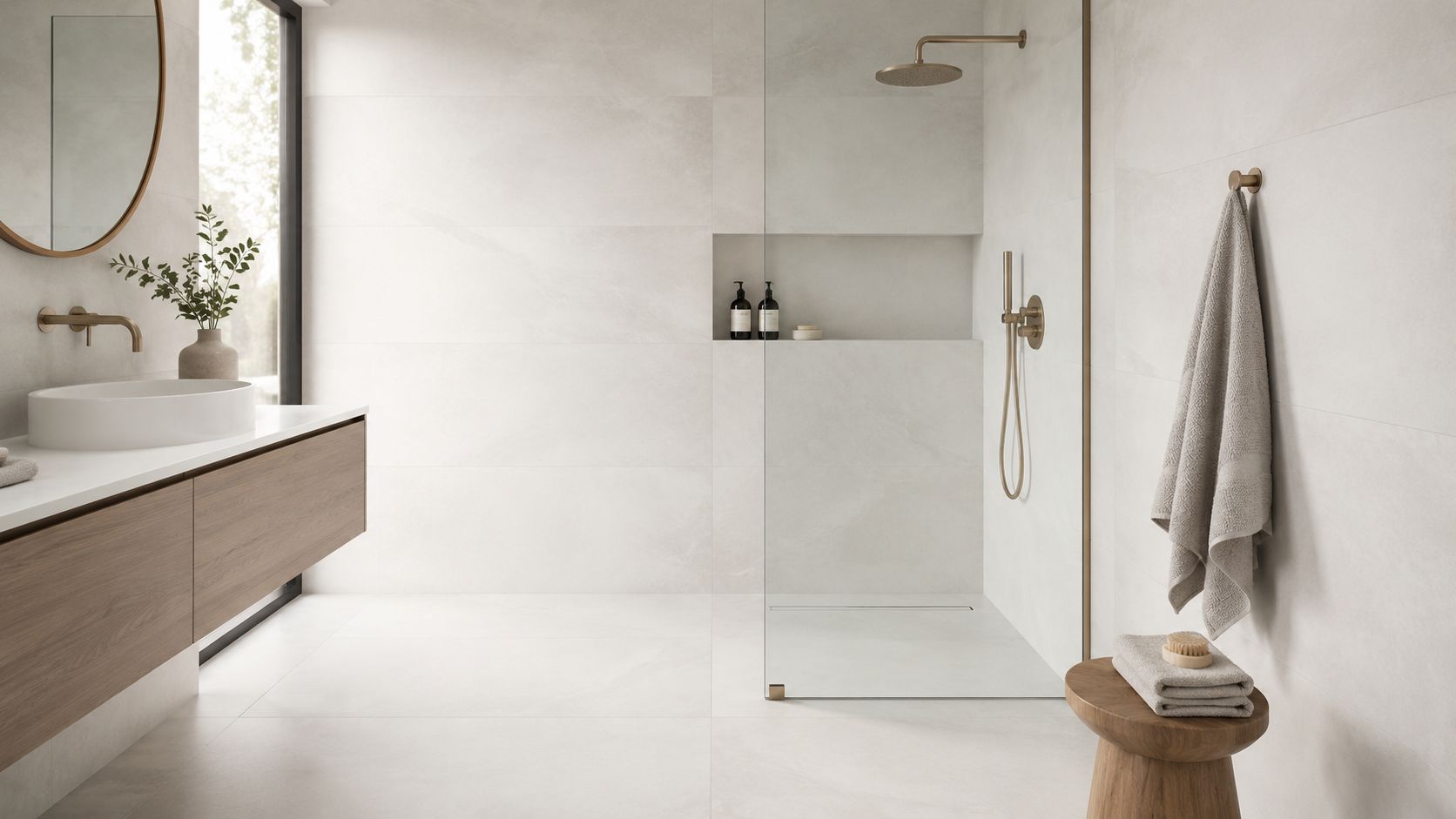 A modern bathroom design featuring large-format light-colored wall tiles, a sleek glass shower, and wooden accents.