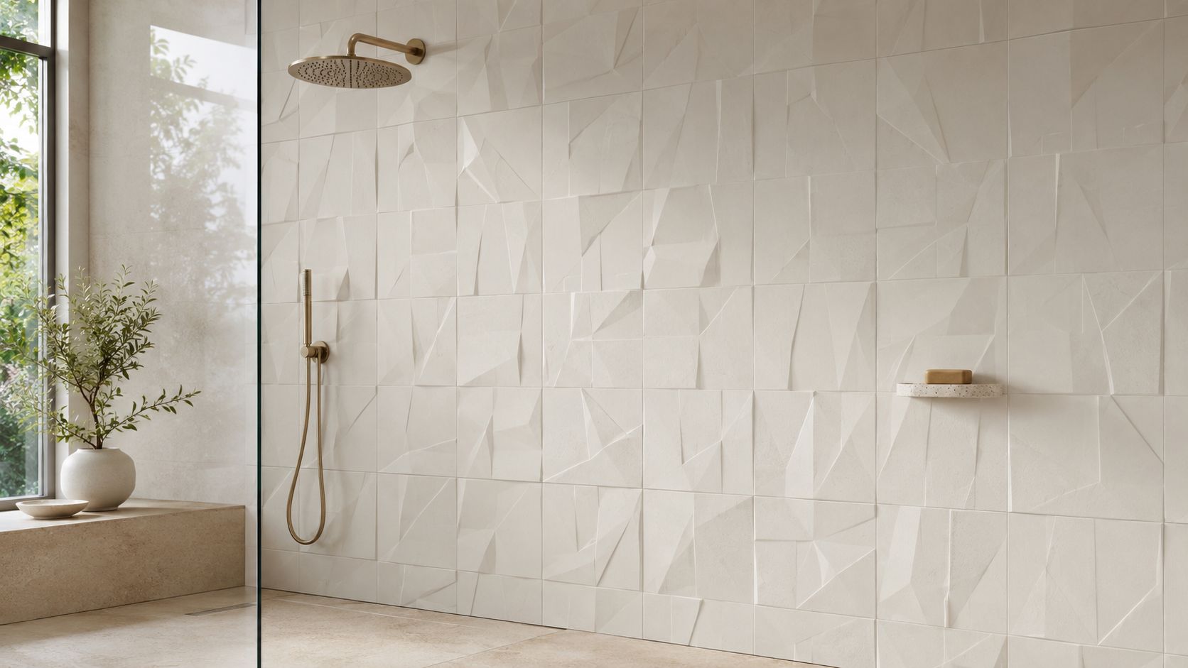 A modern walk-in shower with textured geometric cream tiles, matte gold fixtures, and a small potted plant.