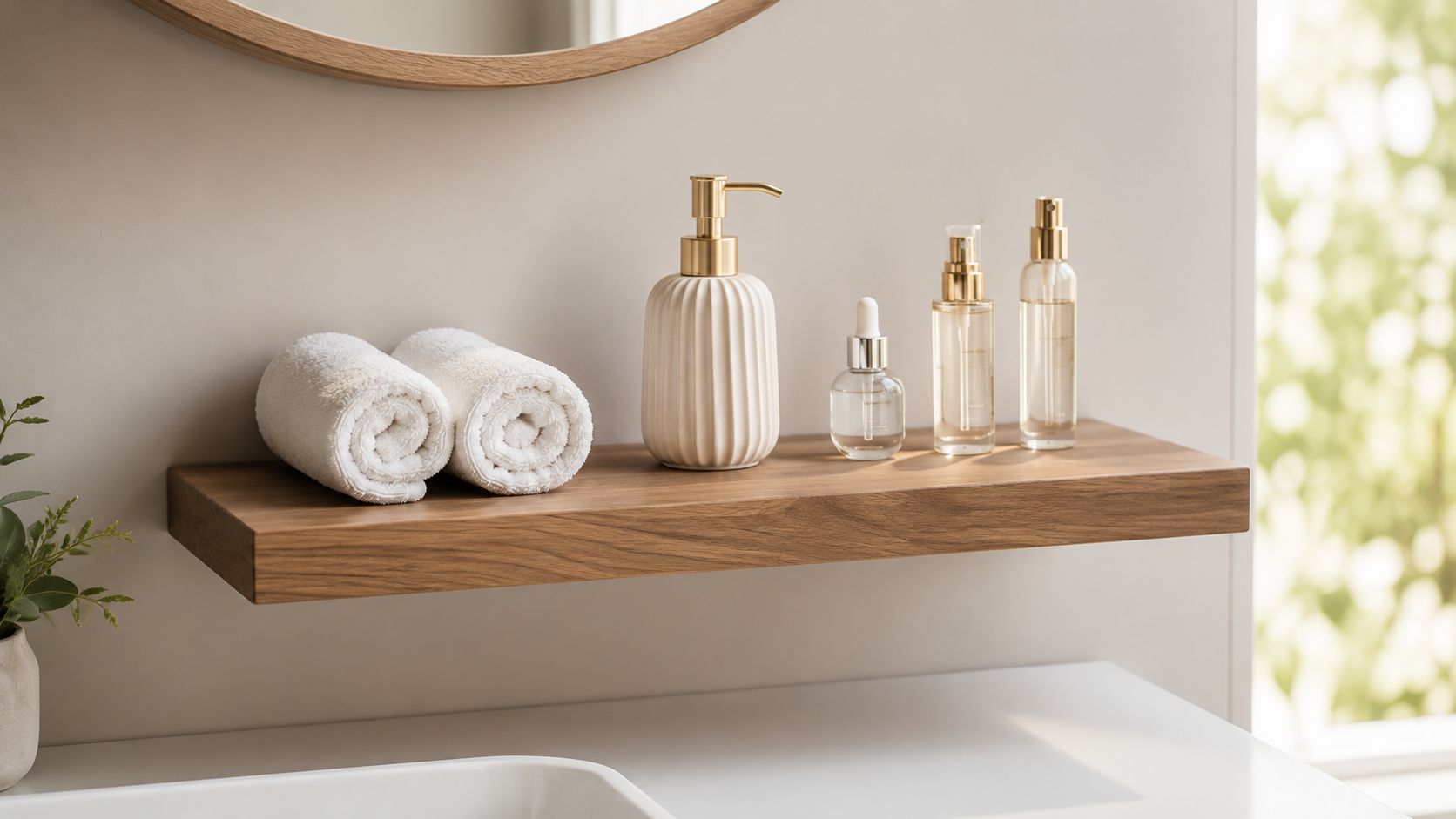 A wooden bathroom shelf featuring two rolled white towels, a soap dispenser, and assorted glass skincare bottles.