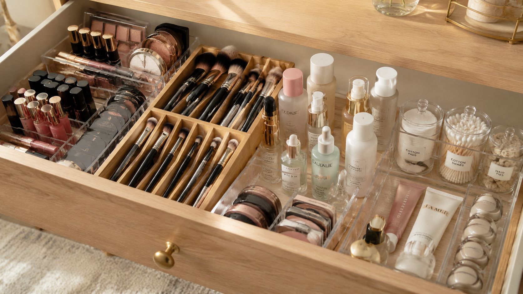 An organized wooden drawer featuring labeled acrylic containers, makeup brushes, and skincare products on a vanity.