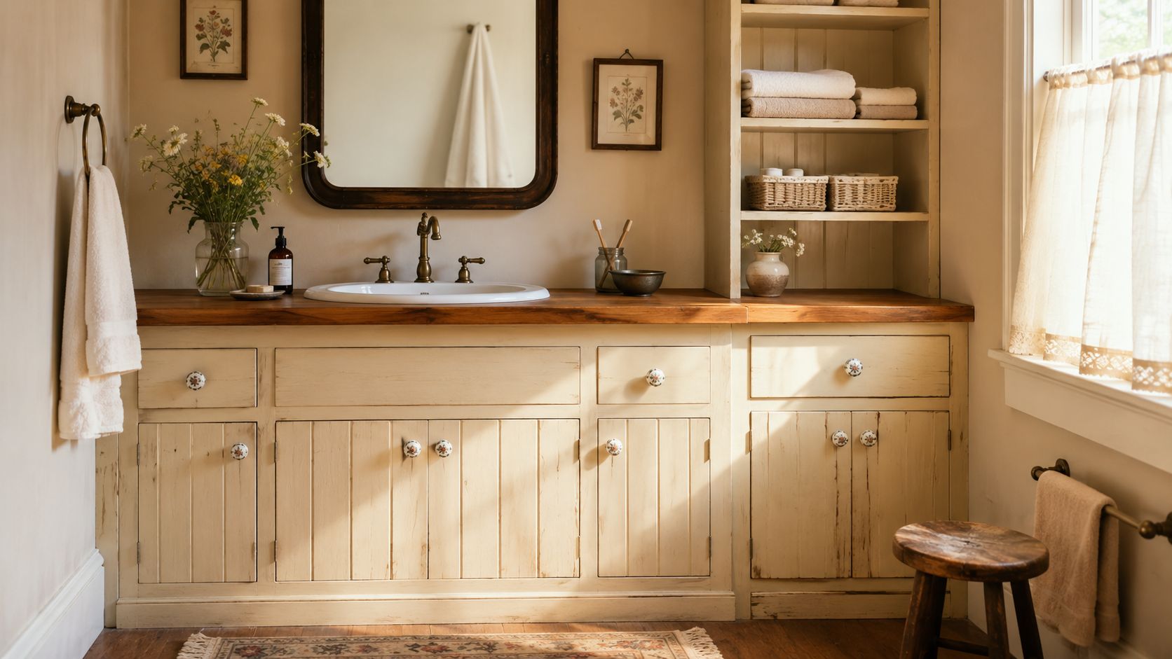A rustic cream-colored bathroom vanity cabinet with a wooden countertop in a sunlit vintage-style bathroom interior.