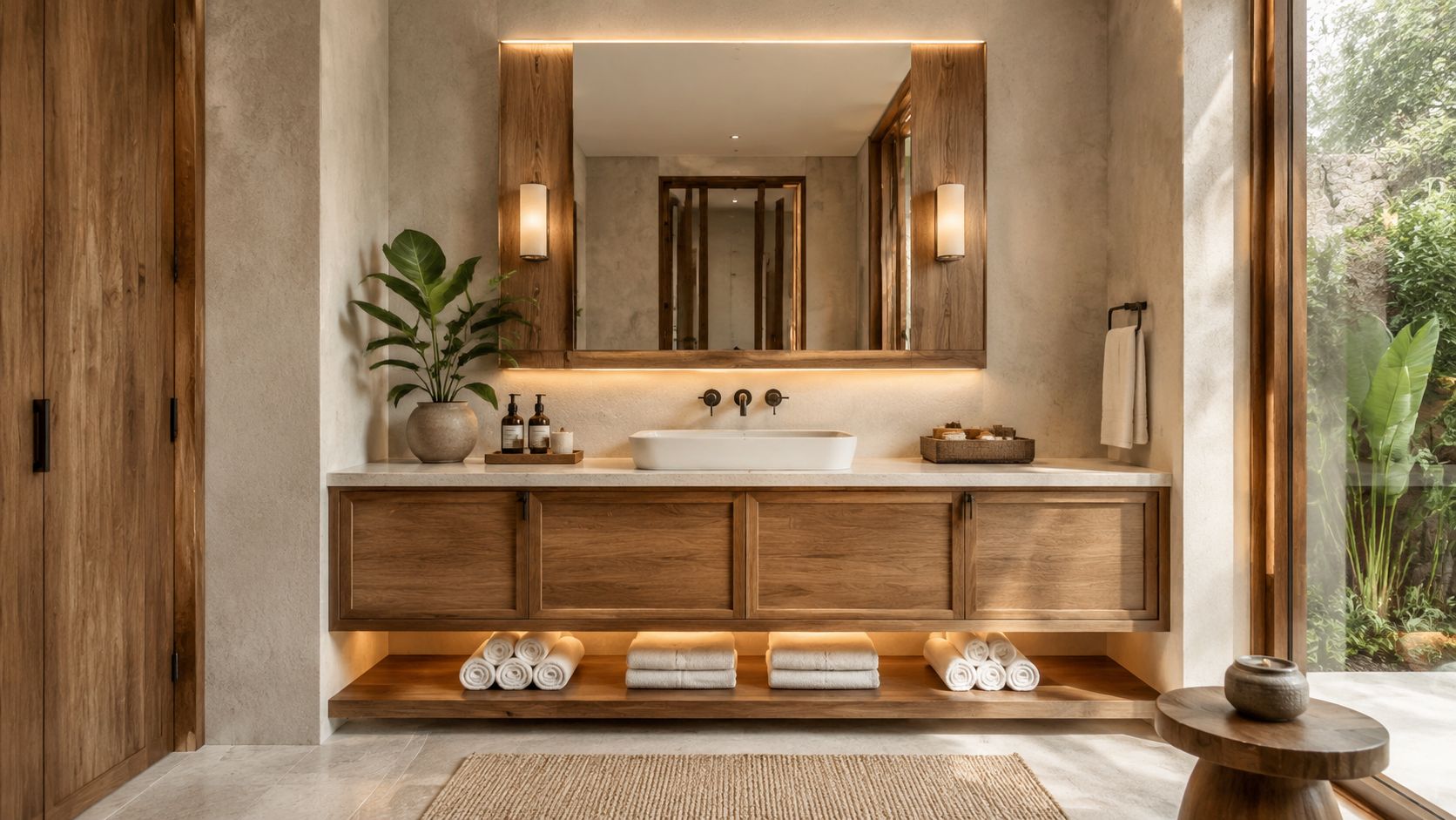 A modern luxury bathroom featuring wooden cabinetry, a white vessel sink, and ambient under-cabinet lighting.