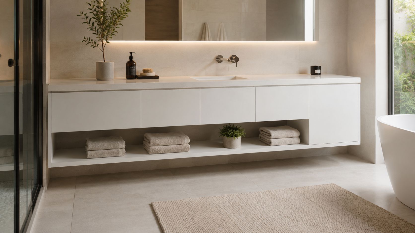 A modern, minimalist floating bathroom vanity with white cabinets, a shelf for towels, and a sleek mirror.