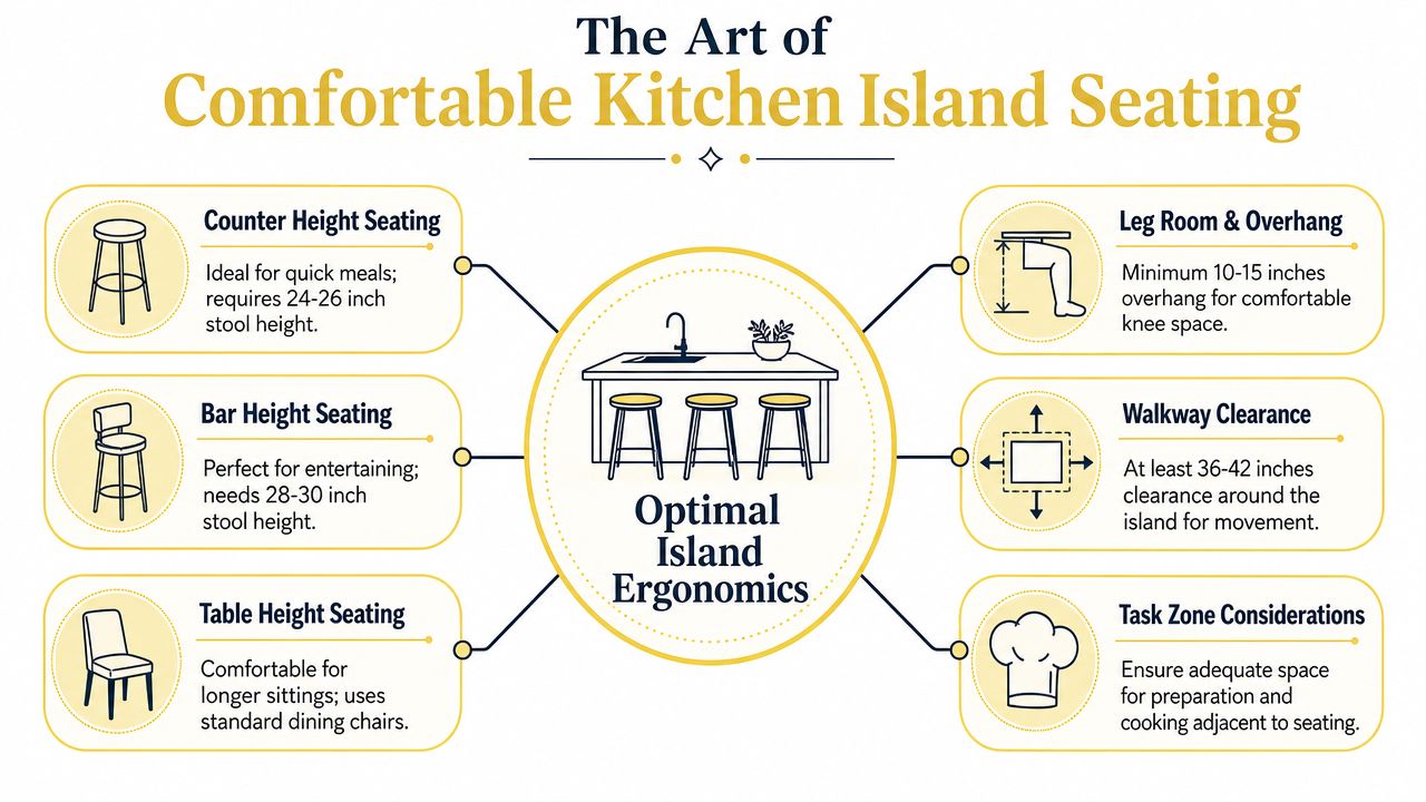 An infographic titled The Art of Comfortable Kitchen Island Seating, detailing ergonomic dimensions for kitchen seating and islands.