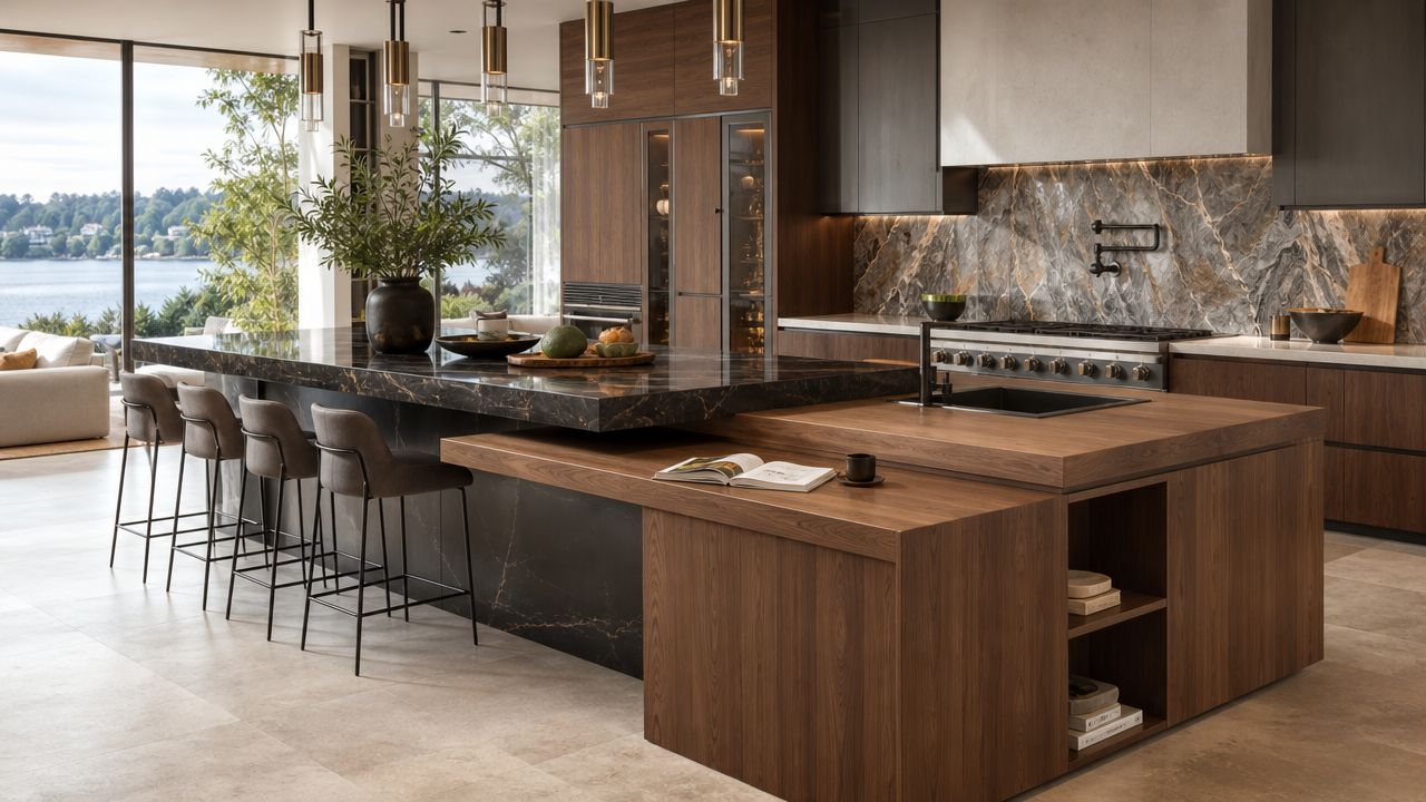 A modern luxury kitchen island with a dark marble countertop and wood extension in a bright open-plan space.