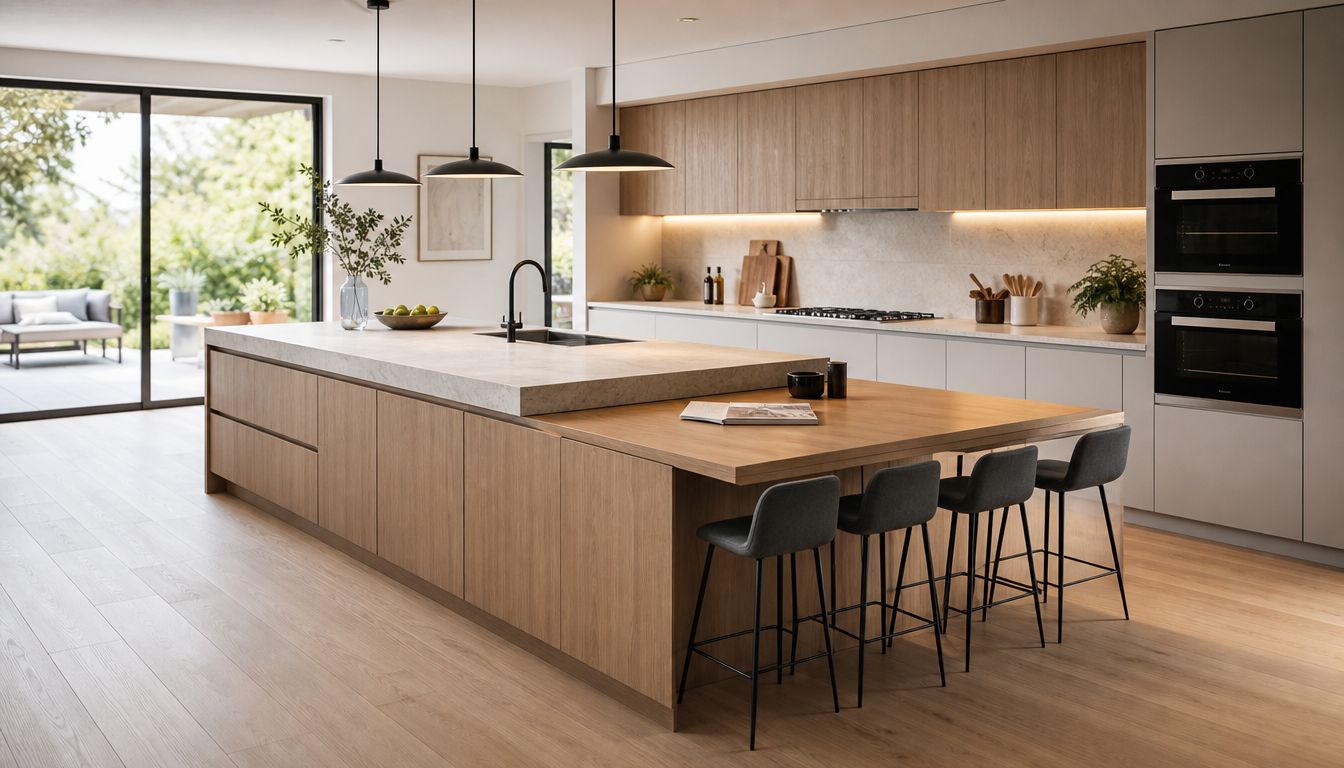 A modern kitchen island with wood cabinetry, a stone countertop, and bar stools in a bright home.