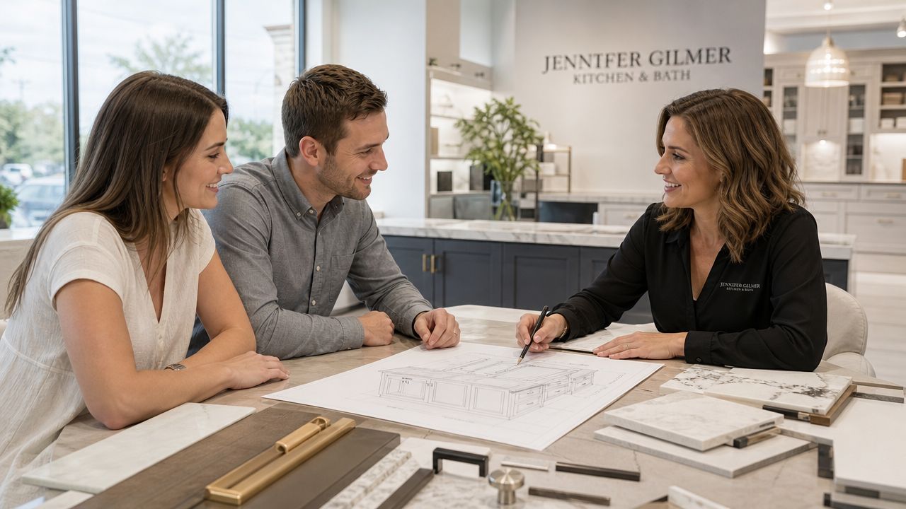 A professional interior designer discusses kitchen island design plans with a couple in a modern showroom.