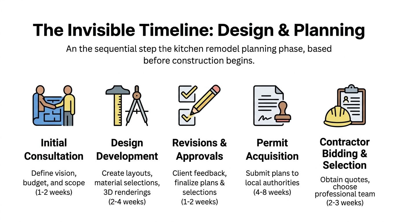 A timeline graphic showing the five sequential steps for kitchen remodel design and planning before construction.