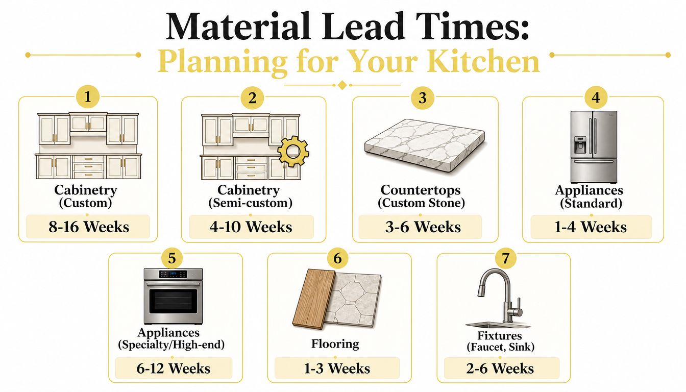 An infographic showing the estimated lead times for various kitchen renovation materials like cabinets, countertops, and appliances.