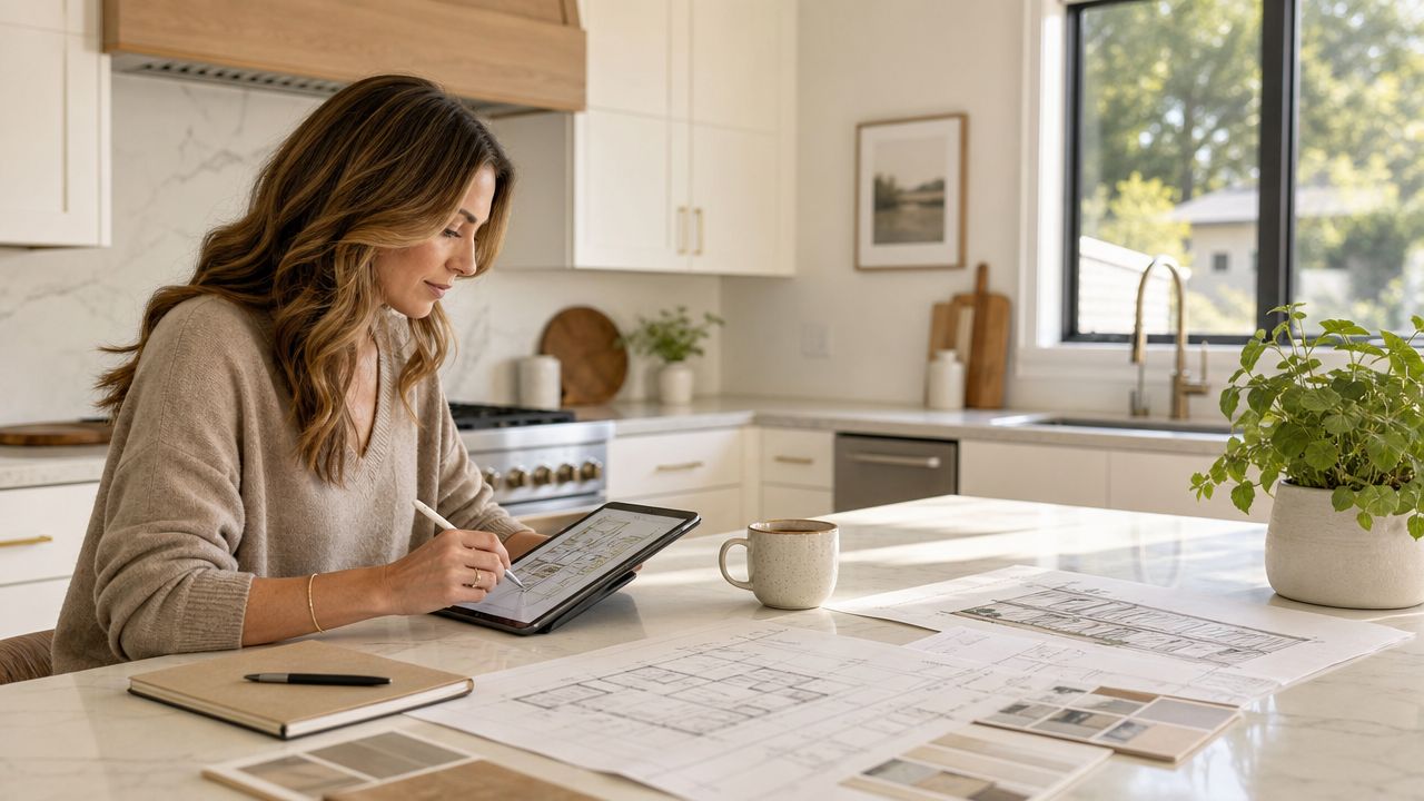A professional interior designer reviews architectural blueprints on her digital tablet in a modern bright kitchen.