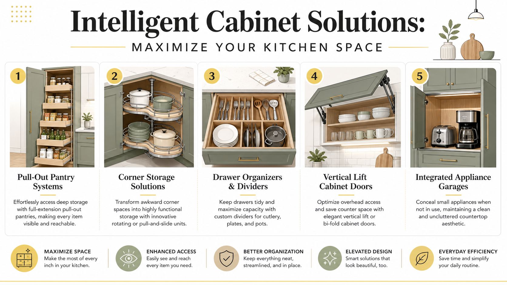A five-step guide showcasing intelligent kitchen cabinet solutions for maximizing space and improving kitchen organization efficiency.