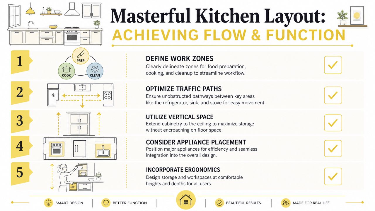 An infographic detailing five steps for designing a functional kitchen, covering workflow, storage, and appliance placement.