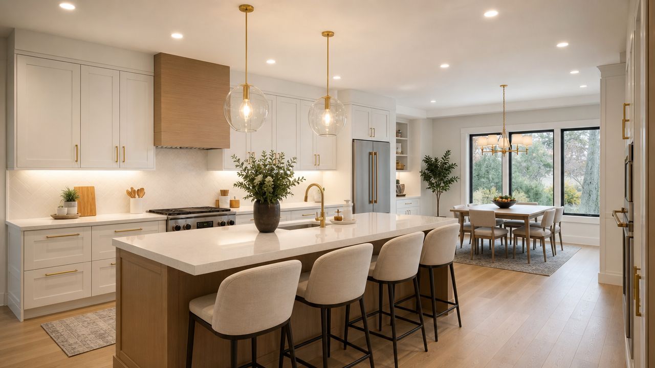 A bright, modern kitchen featuring white cabinets, wood accents, and elegant glass pendant lighting over the island.