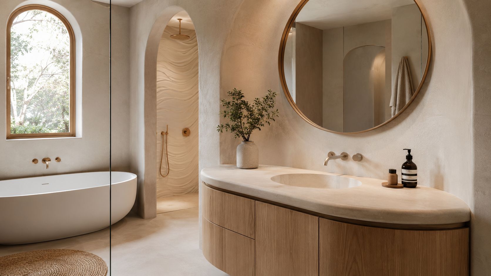 A luxurious modern bathroom featuring curved wooden vanity, arched shower entrance, freestanding tub, and soft neutral textures.