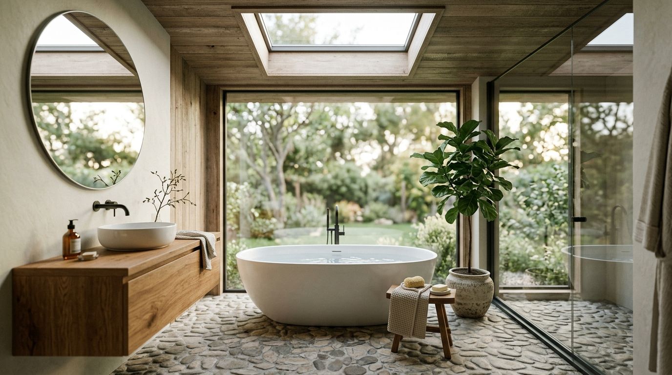 A modern, serene bathroom featuring a freestanding soaking tub, wooden vanity, and large glass windows overlooking nature.