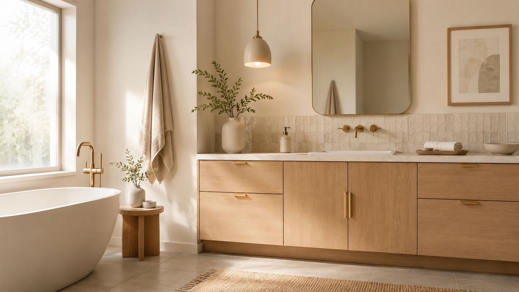 A modern, minimalist bathroom design featuring a wooden vanity, freestanding tub, and soft, natural earth-toned decor accents.