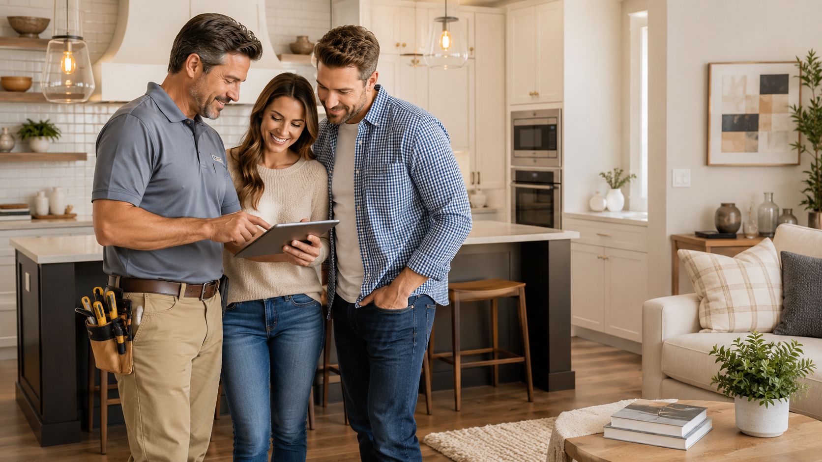 A professional contractor shows home renovation plans on a digital tablet to a happy couple indoors.