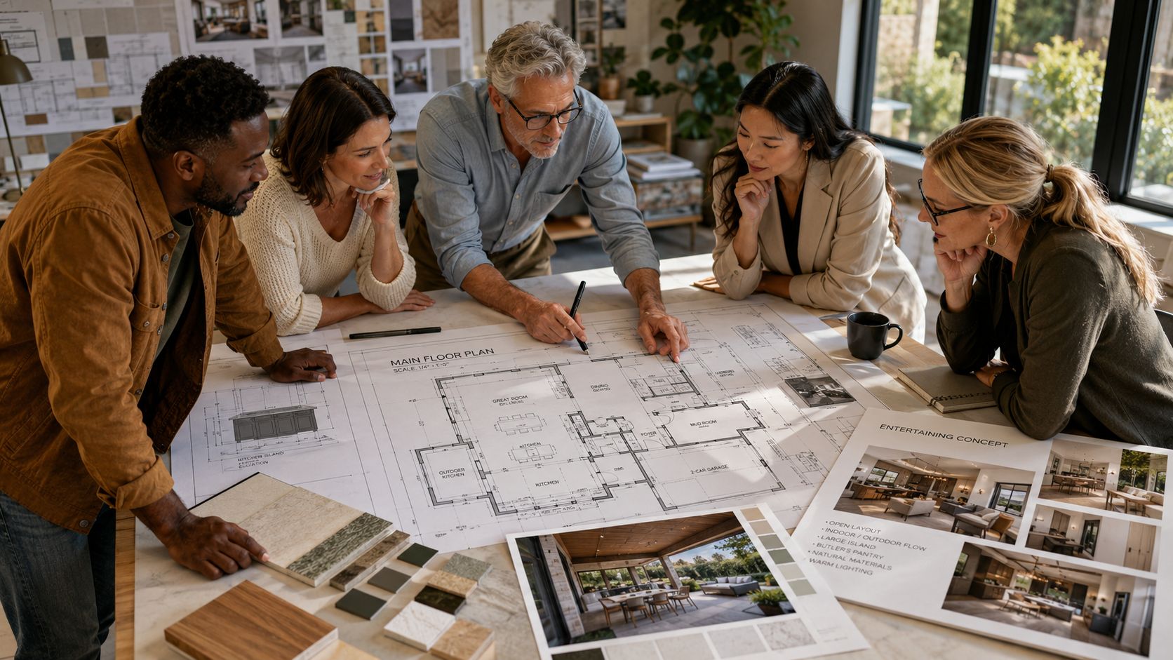 A professional team of architects and designers collaborating over architectural floor plans and interior renovation materials.