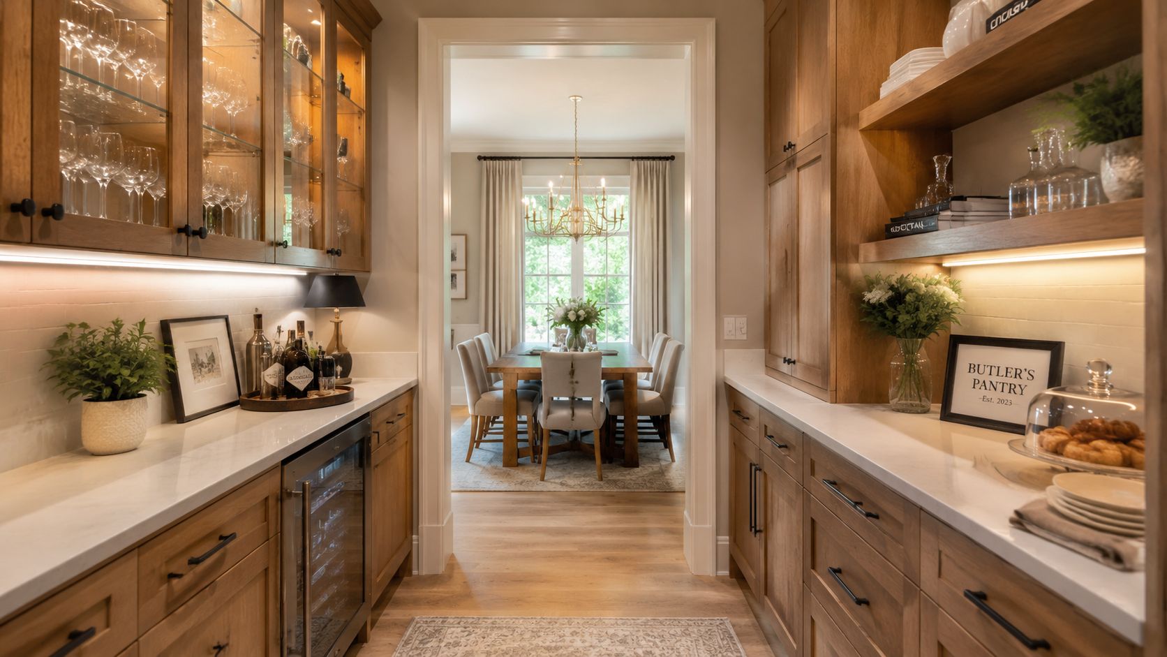 A sophisticated butler's pantry with warm wooden cabinetry, white countertops, glass-front cabinets, and a view into a dining room.